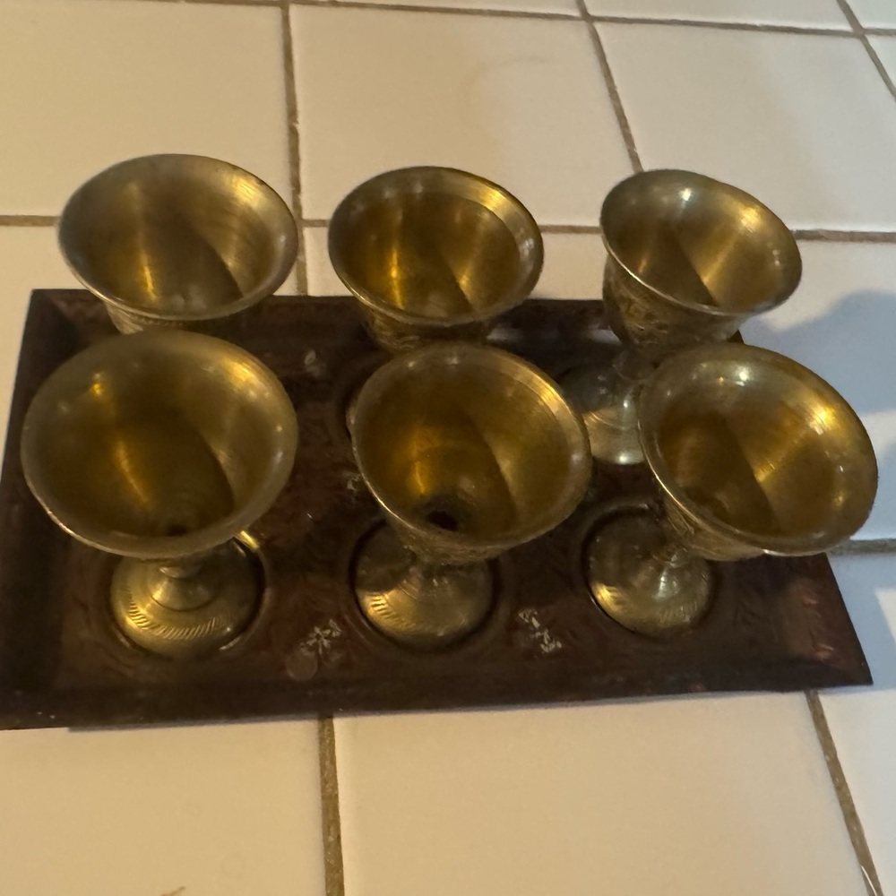 Vintage, British India Handcrafted Etched Brass Egg Set with Tray (7 pc)